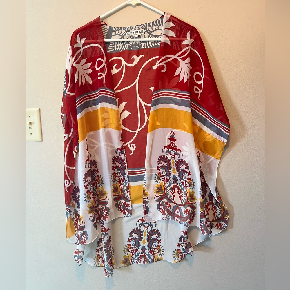 Matr Boomie OS abstract floral cover up/kimono in red, gold, white and gray.